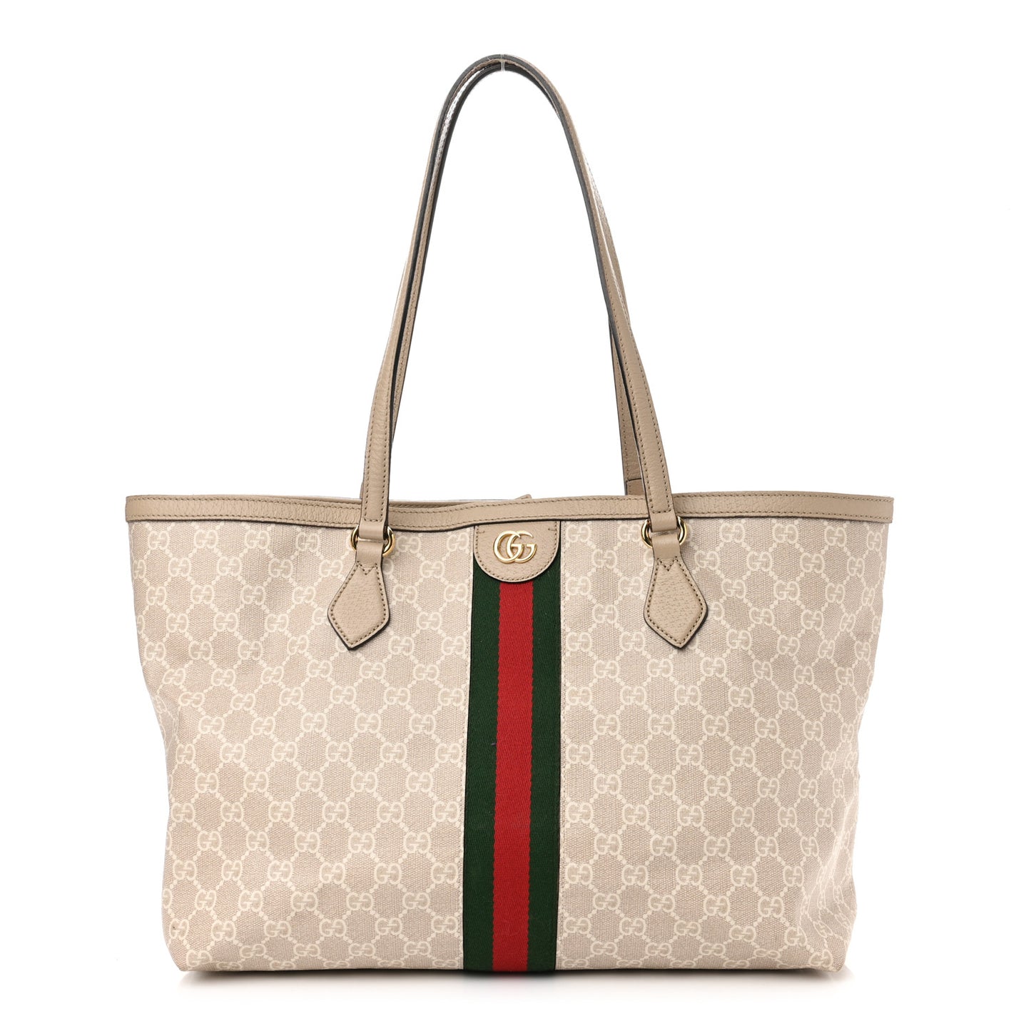 GG Supreme Monogram Textured Dollar Calfskin Web Medium Ophidia Shopping Tote Beige Mystic White Oatmeal