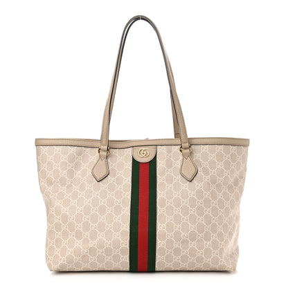 Gucci GG Supreme Monogram Textured Dollar Calfskin Web Medium Ophidia Shopping Tote Beige Mystic White Oatmeal 1 of 14