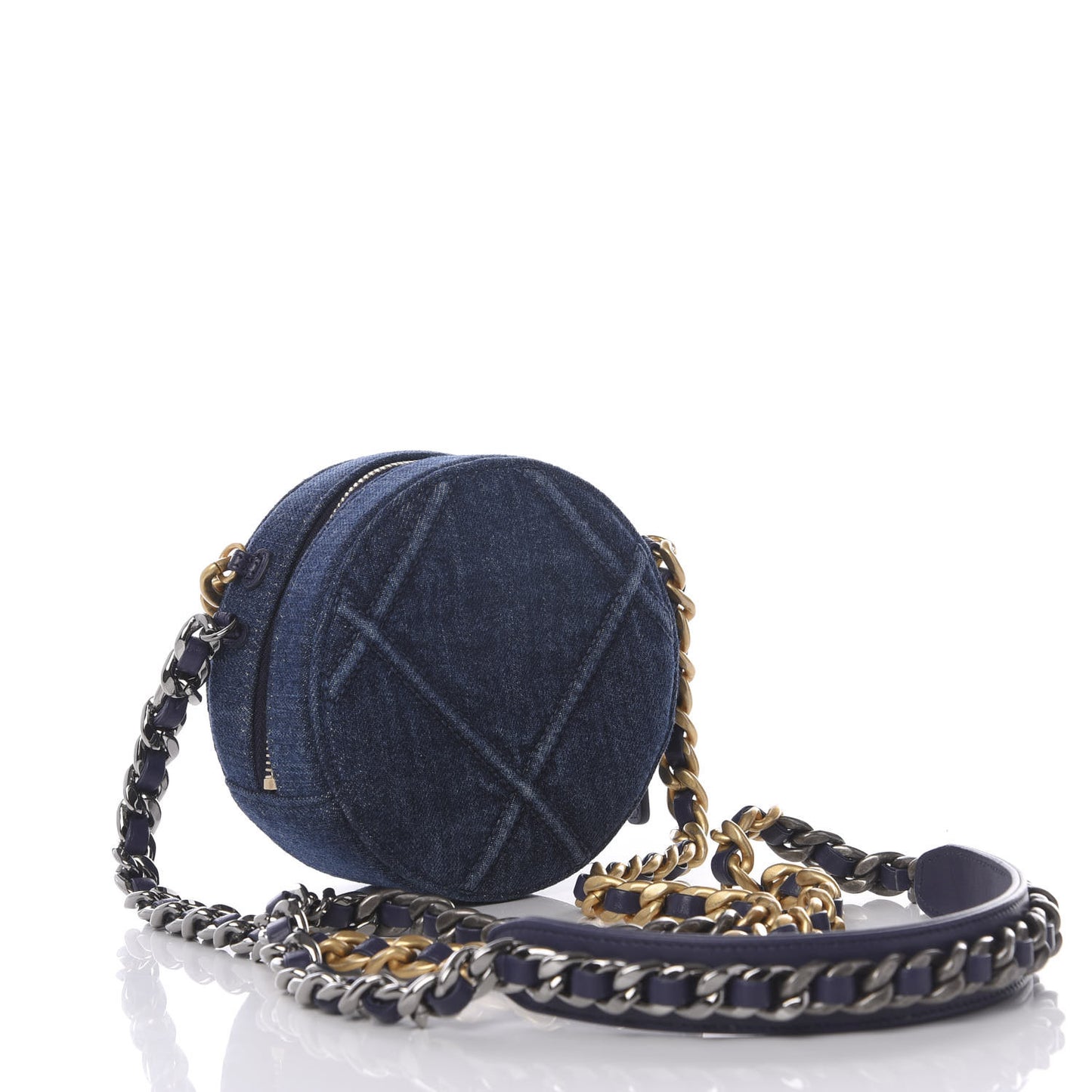 Denim Quilted Chanel 19 Round Clutch With Chain Blue