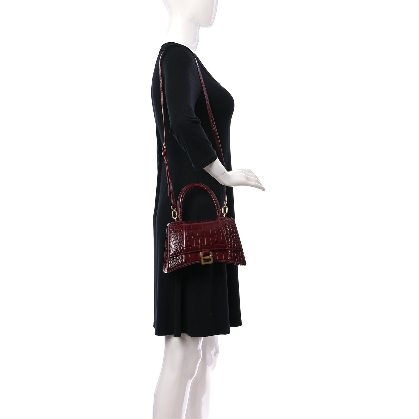 Shiny Calfskin Crocodile Embossed Small Hourglass Top Handle Bag Dark Red