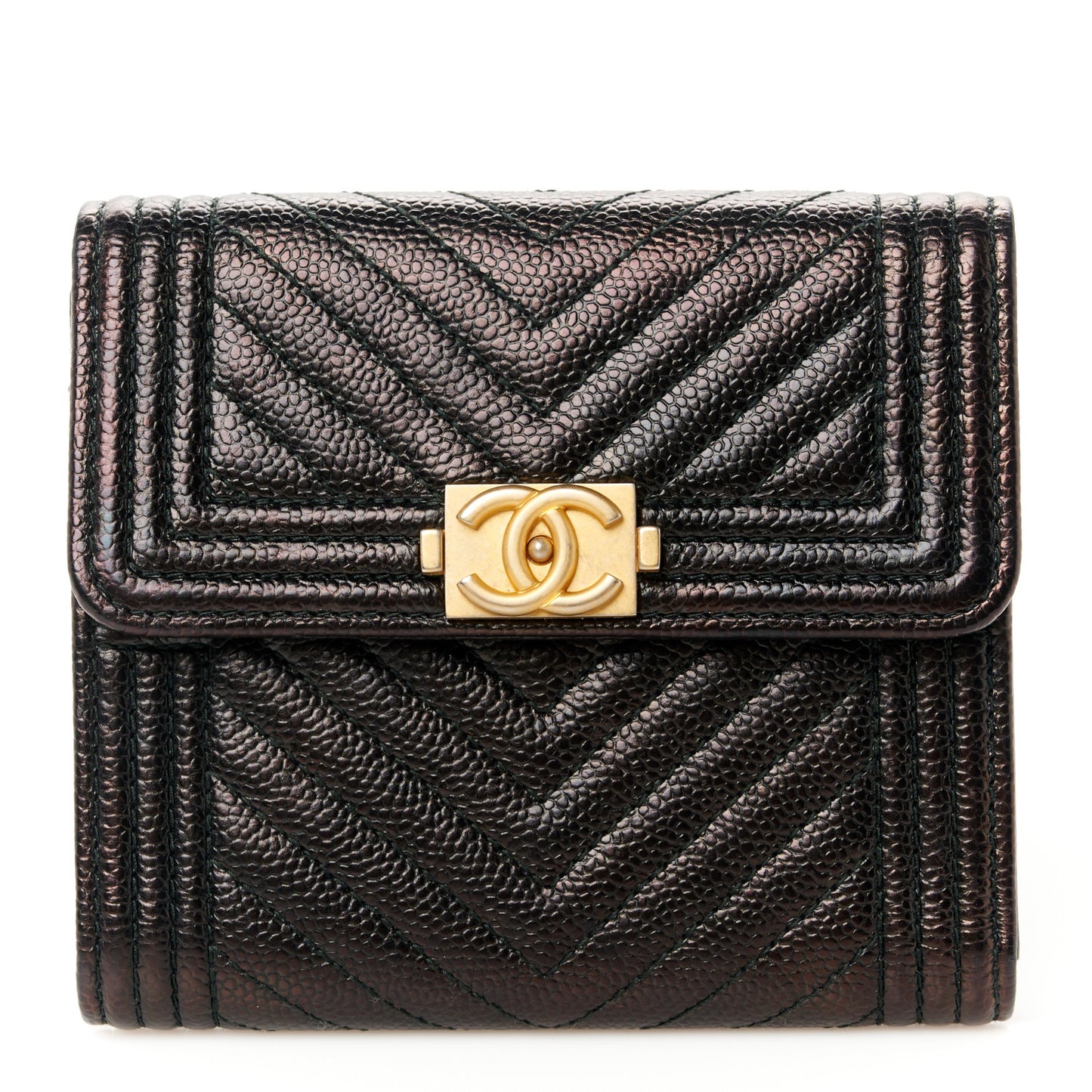 Caviar Chevron Quilted Boy Compact Wallet Black