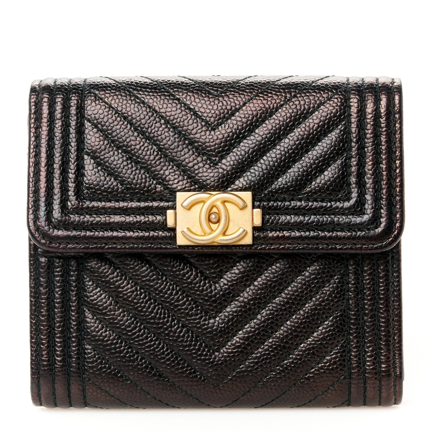 Chanel Caviar Chevron Quilted Boy Compact Wallet Black 1 of 10