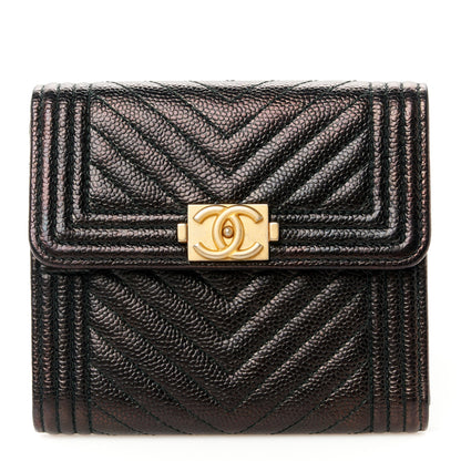 Chanel Caviar Chevron Quilted Boy Compact Wallet Black 1 of 10