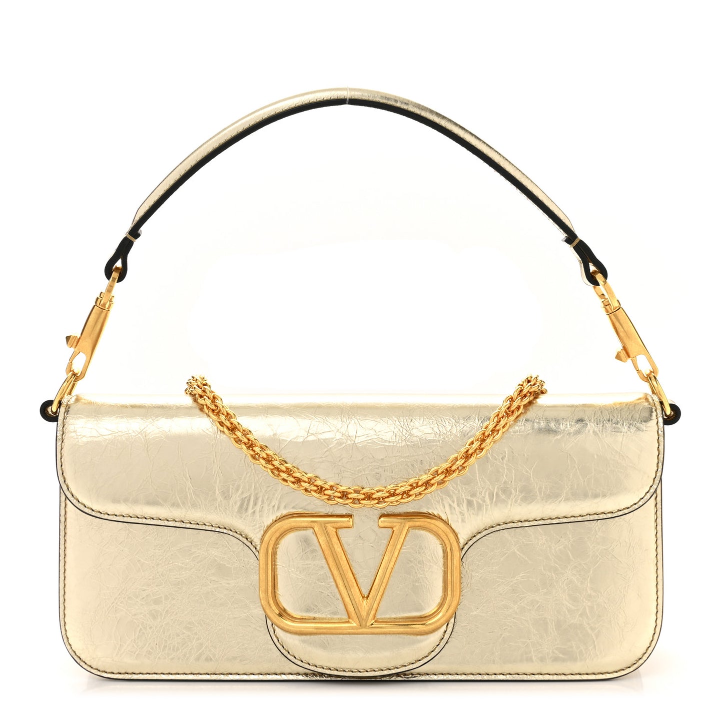 Metallic Crackle Effect Calfskin Vlogo Loco Shoulder Bag Platino