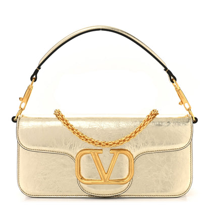 Valentino Garavani Metallic Crackle Effect Calfskin Vlogo Loco Shoulder Bag Platino 1 of 11