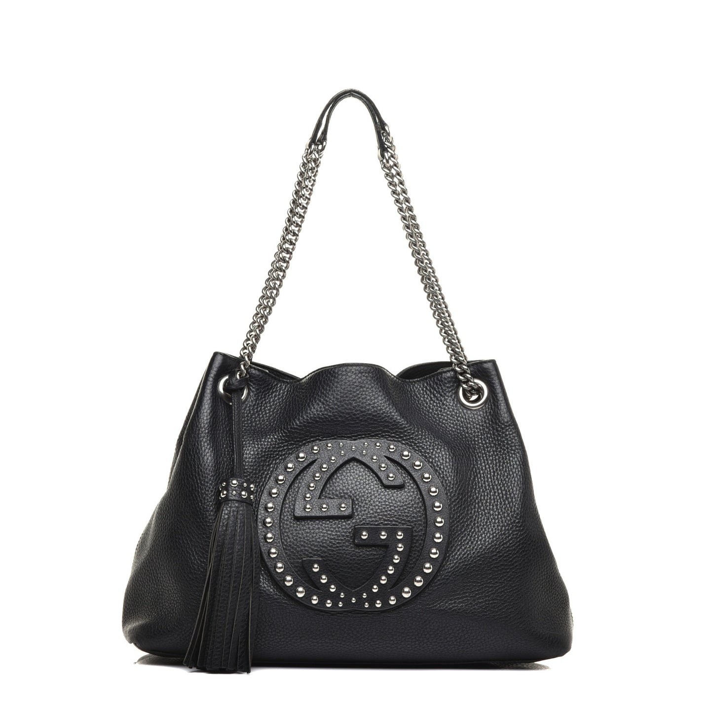 Pebbled Calfskin Studded Medium Soho Chain Shoulder Bag Black
