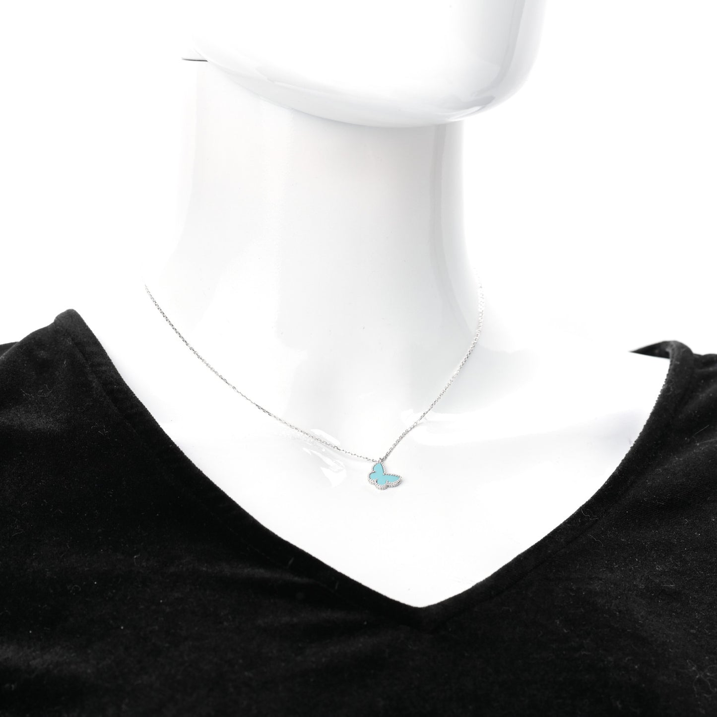 18K White Gold Turquoise Sweet Alhambra Butterfly Pendant Necklace