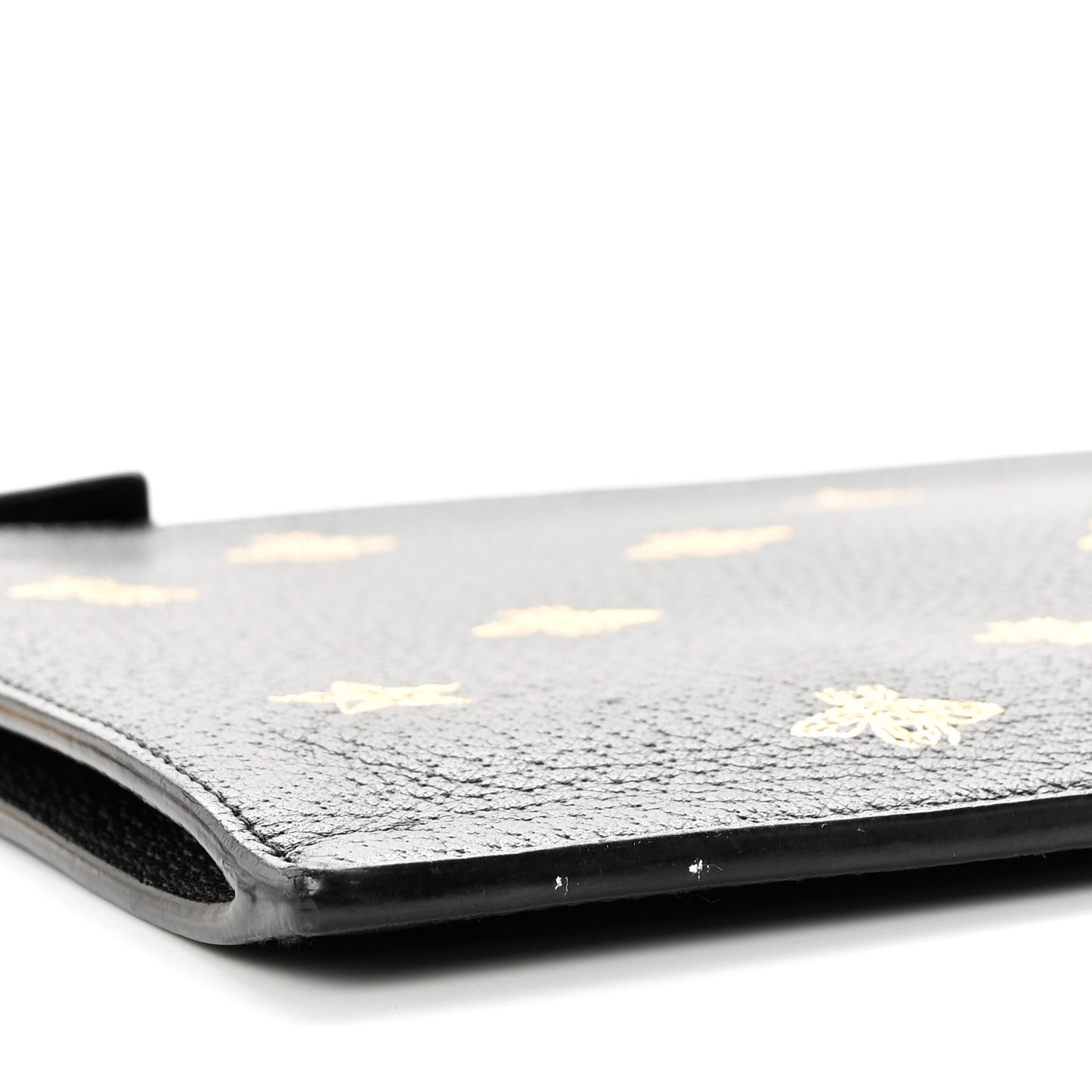 Dollar Calfskin Boar Effect Bee Star Zip Wristlet Pouch Black