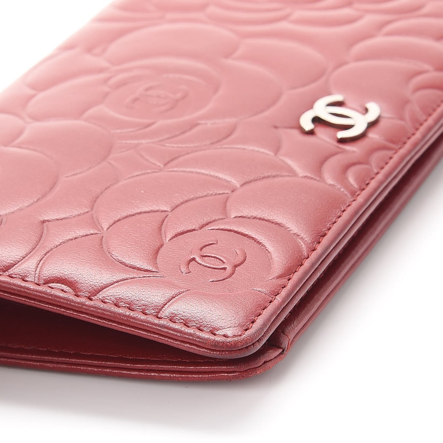 Lambskin Camellia Embossed Yen Wallet Dark Red