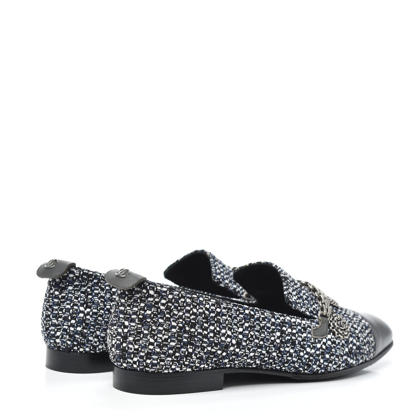 Tweed Lambskin Cap Toe Chain Moccasin Loafers 37 Dark Grey Blue White