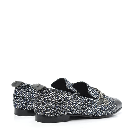 Chanel Tweed Lambskin Cap Toe Chain Moccasin Loafers 37 Dark Grey Blue White 4 of 7
