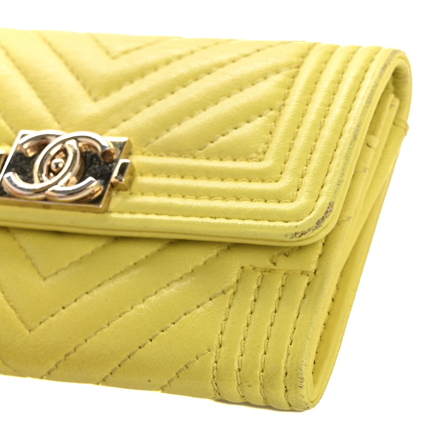 Chanel Lambskin Chevron Quilted Boy Flap Card Holder Yellow 14 of 16