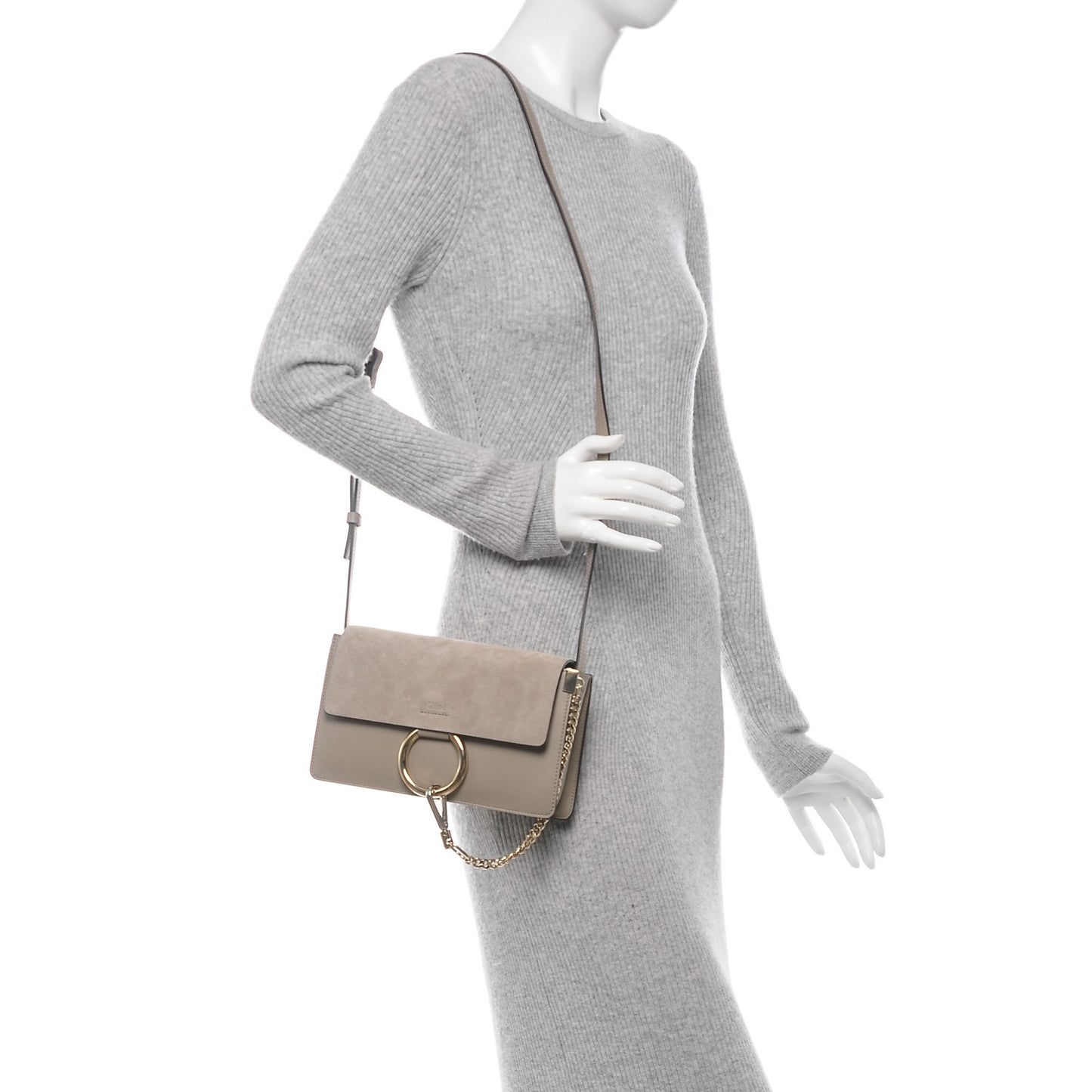 Suede Calfskin Small Faye Shoulder Bag Motty Grey