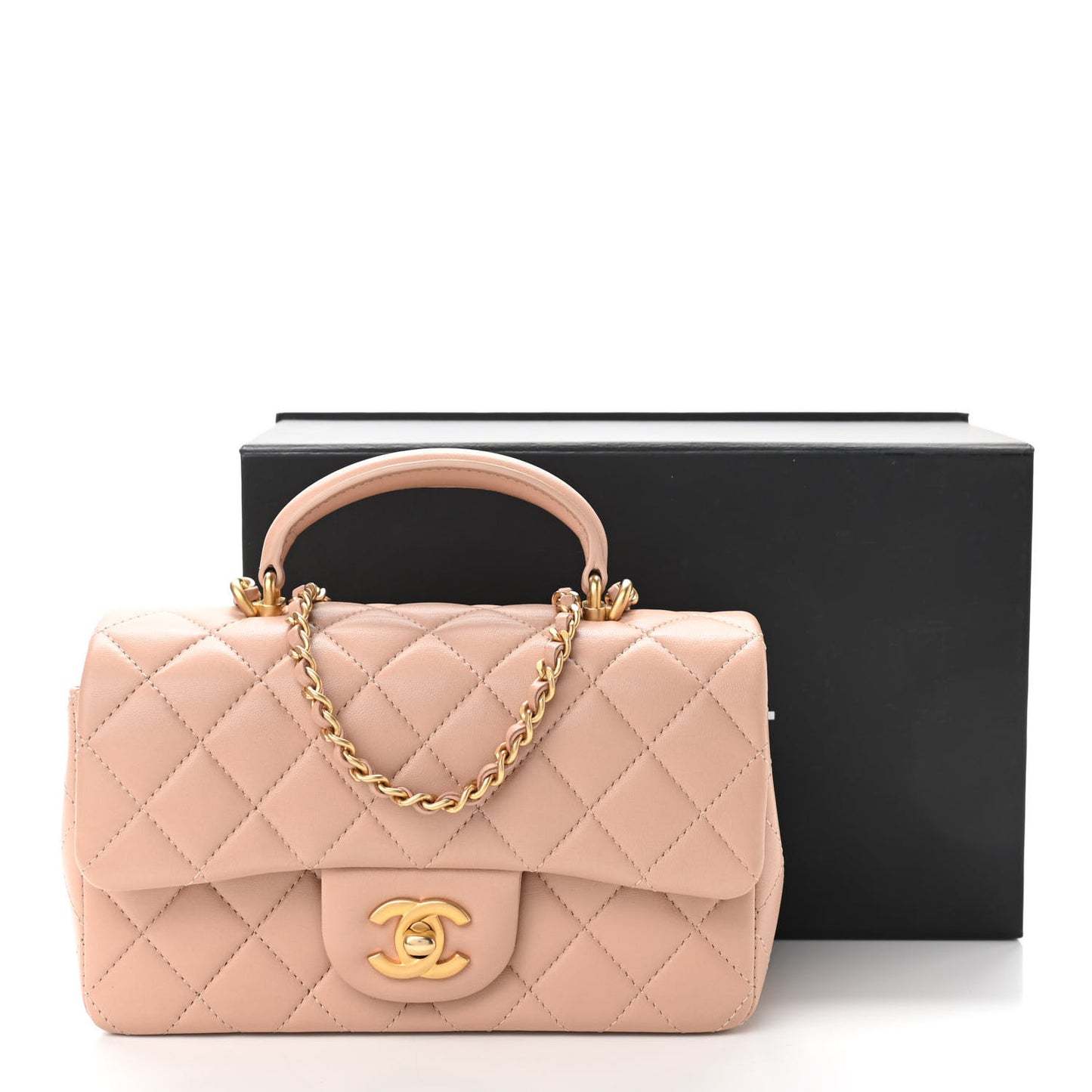 Lambskin Quilted Mini Top Handle Rectangular Flap Beige