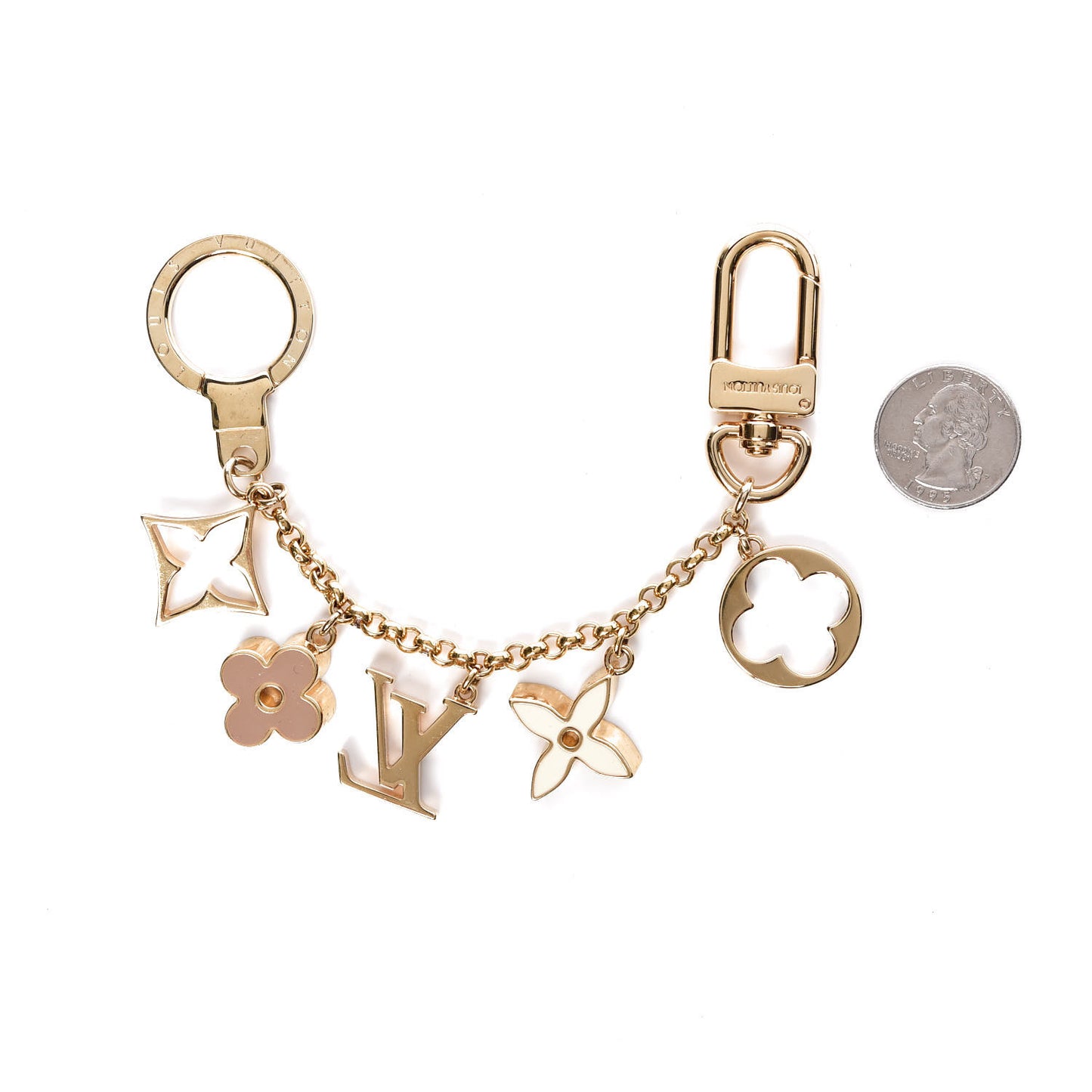 Brass Enamel Fleur De Monogram Bag Charm Chain Gold