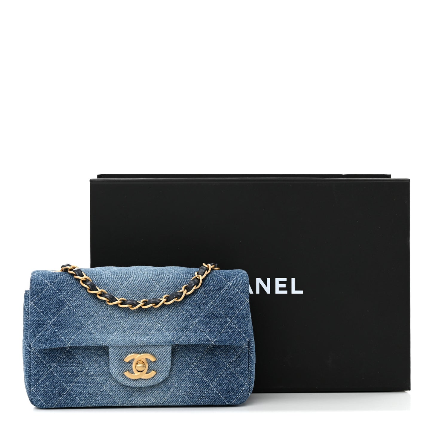 Washed Denim Quilted Mini Rectangular Flap Blue