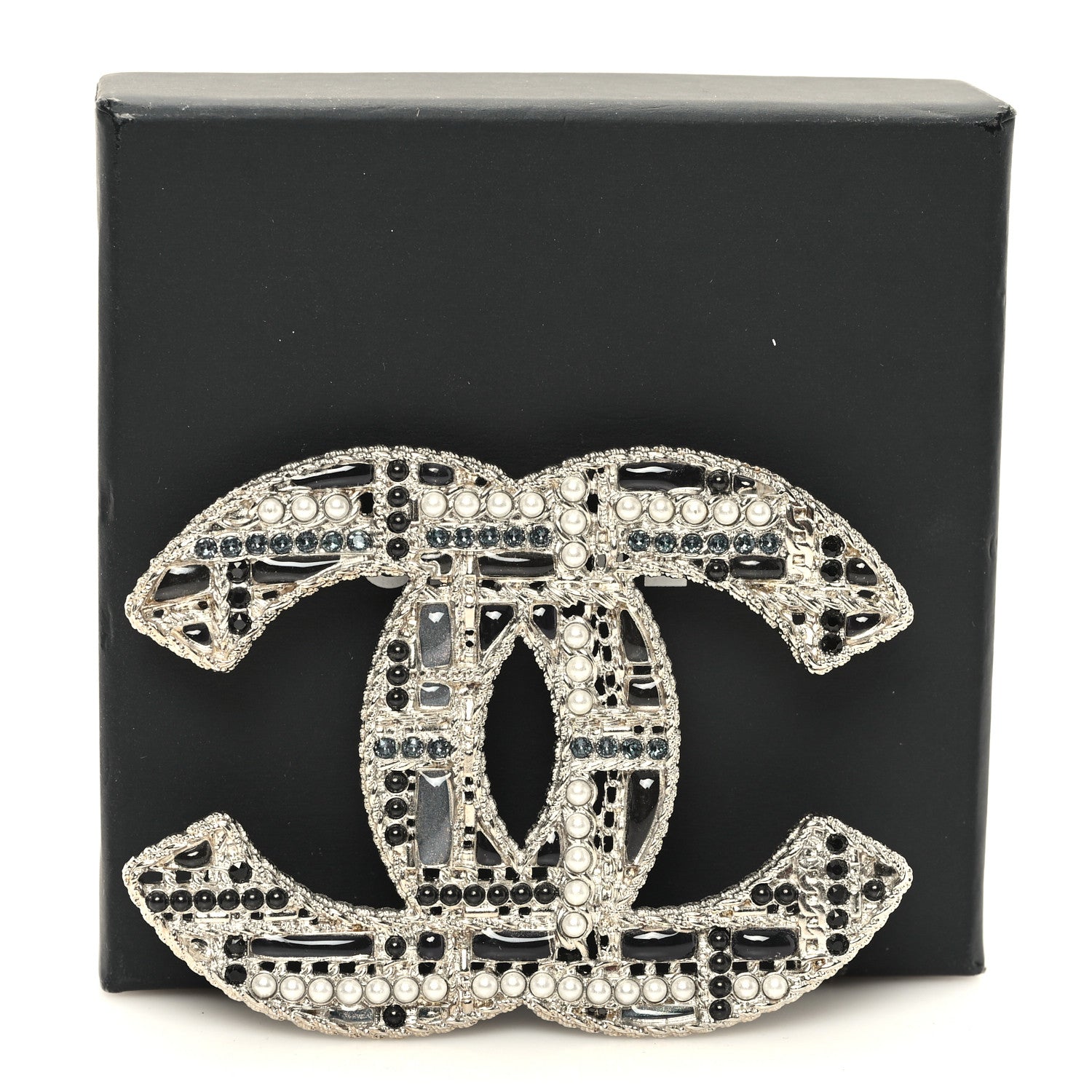 Chanel Crystal Pearl CC Tweed Brooch Blue White Pearly White 4 of 4