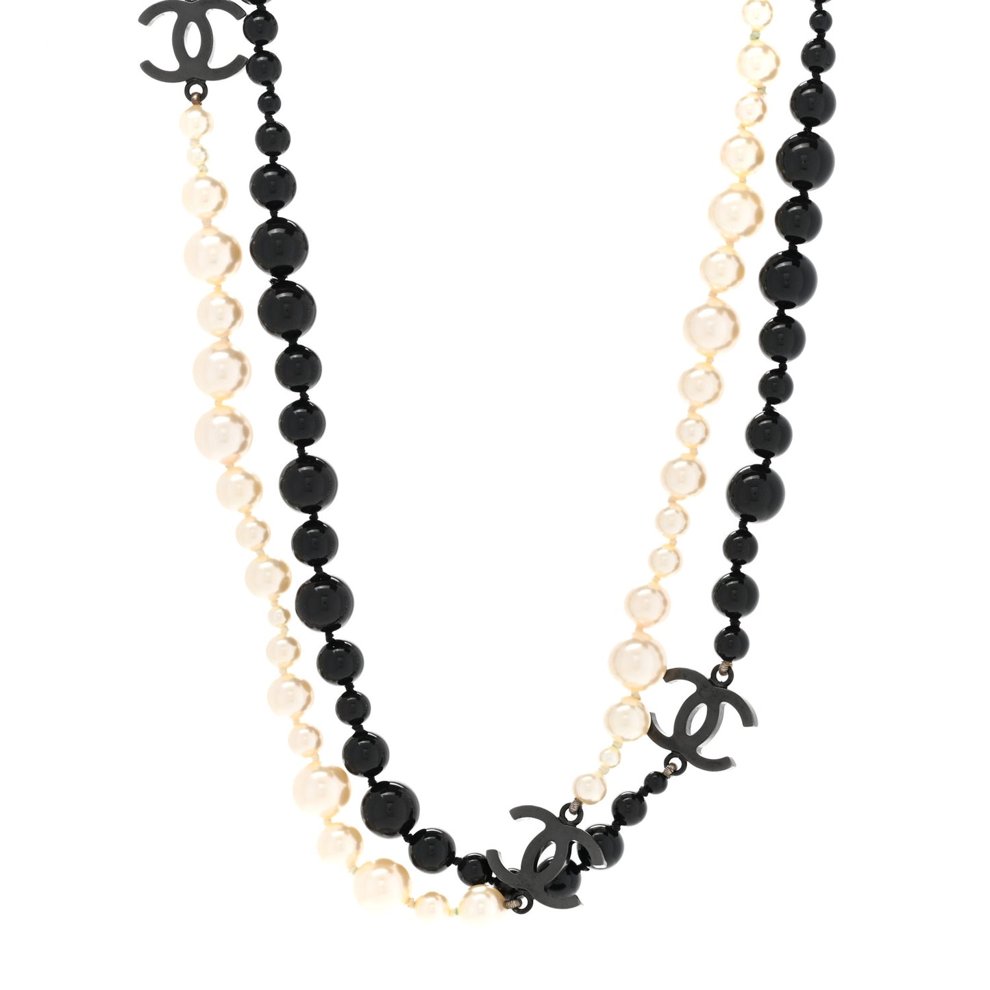 Pearl CC Beaded Long Necklace Black White