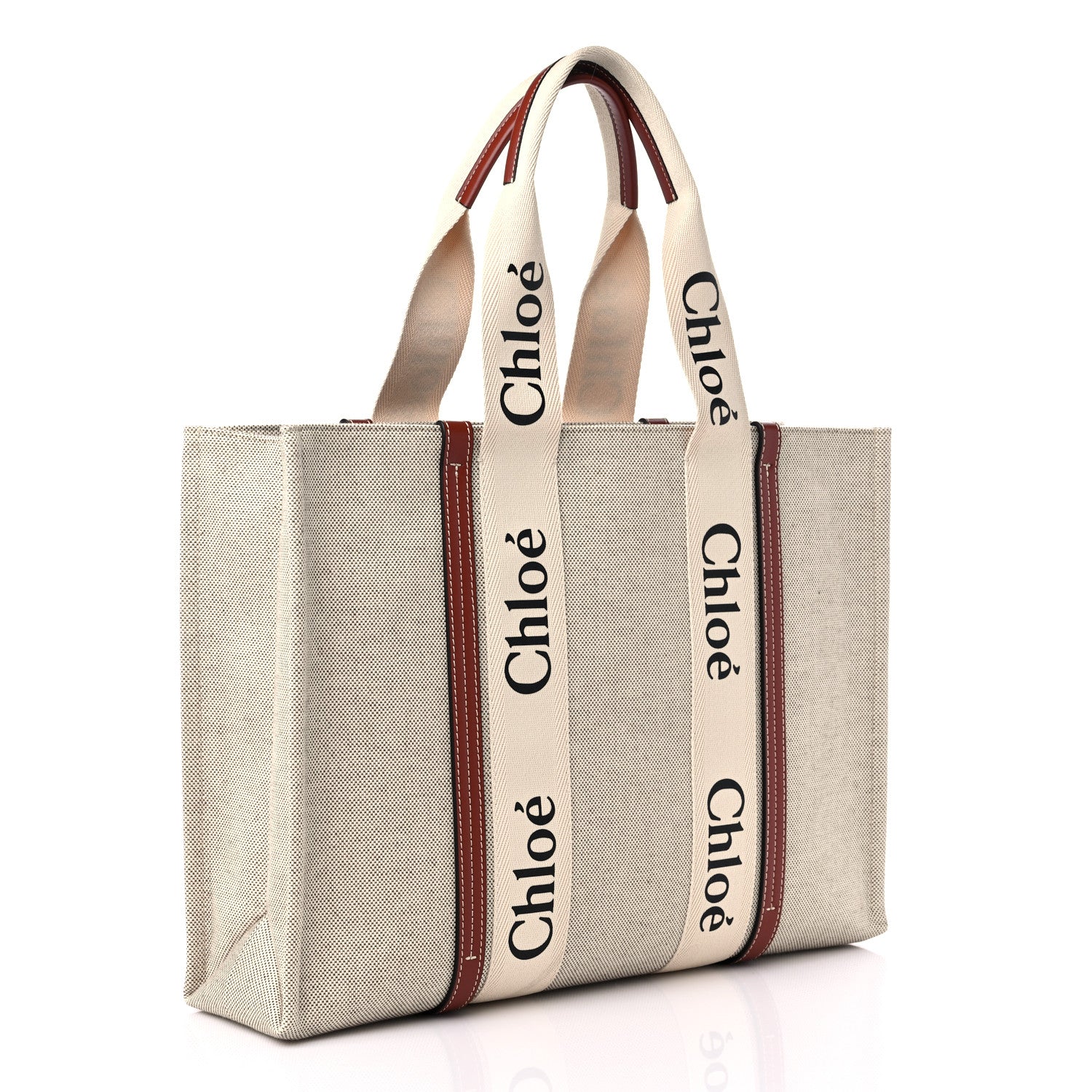 Chloe Cotton Calfskin Large Woody Ribbon Tote White Brown 3 of 10