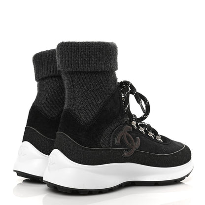 Chanel Suede Calfskin Knit CC Sneakers 35.5 Black Dark Gray 4 of 6