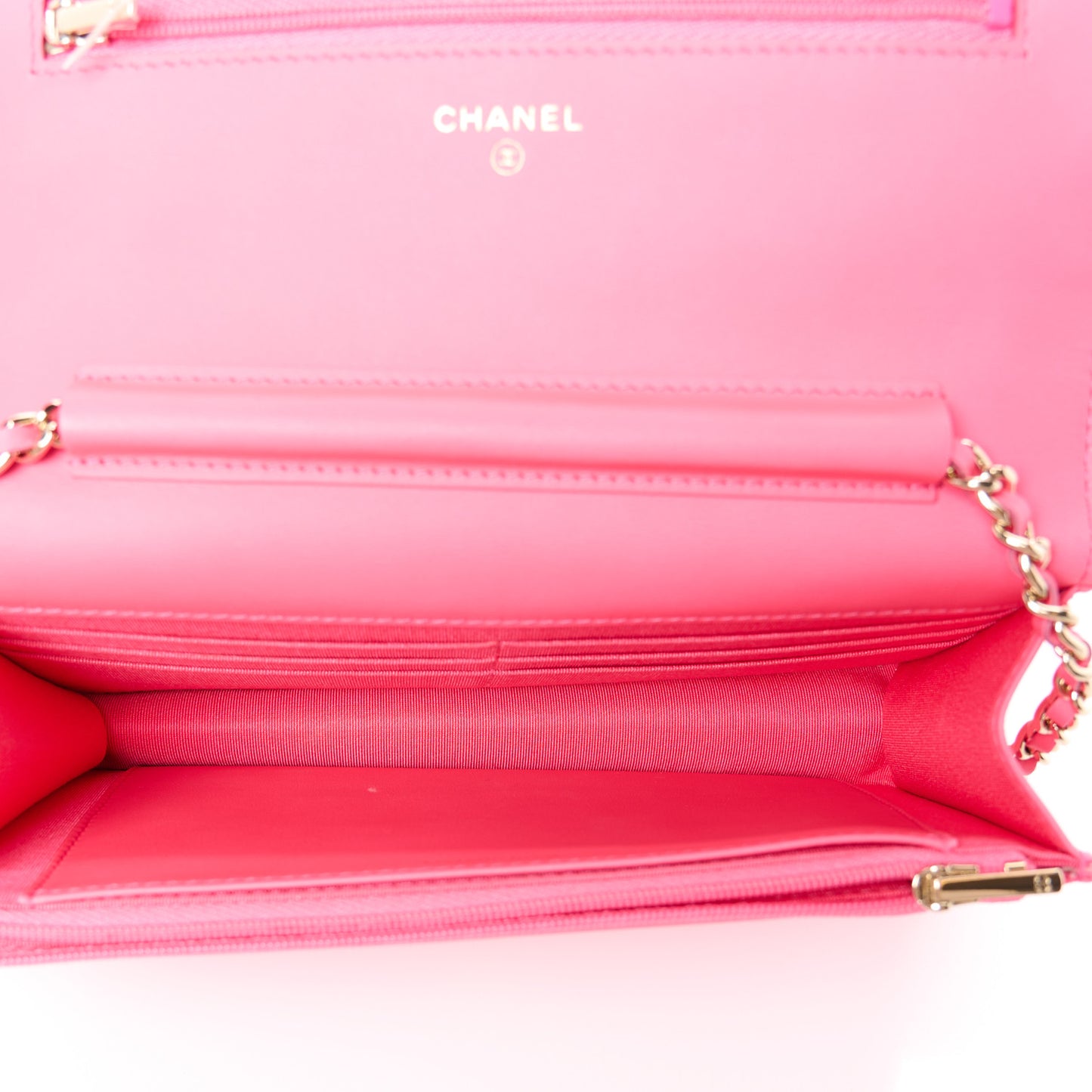 Patent Calfskin Quilted Wallet On Chain WOC Neon Pink