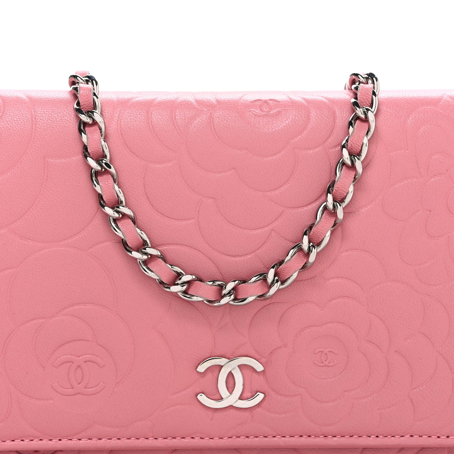 Lambskin Camellia Embossed Wallet on Chain WOC Pink