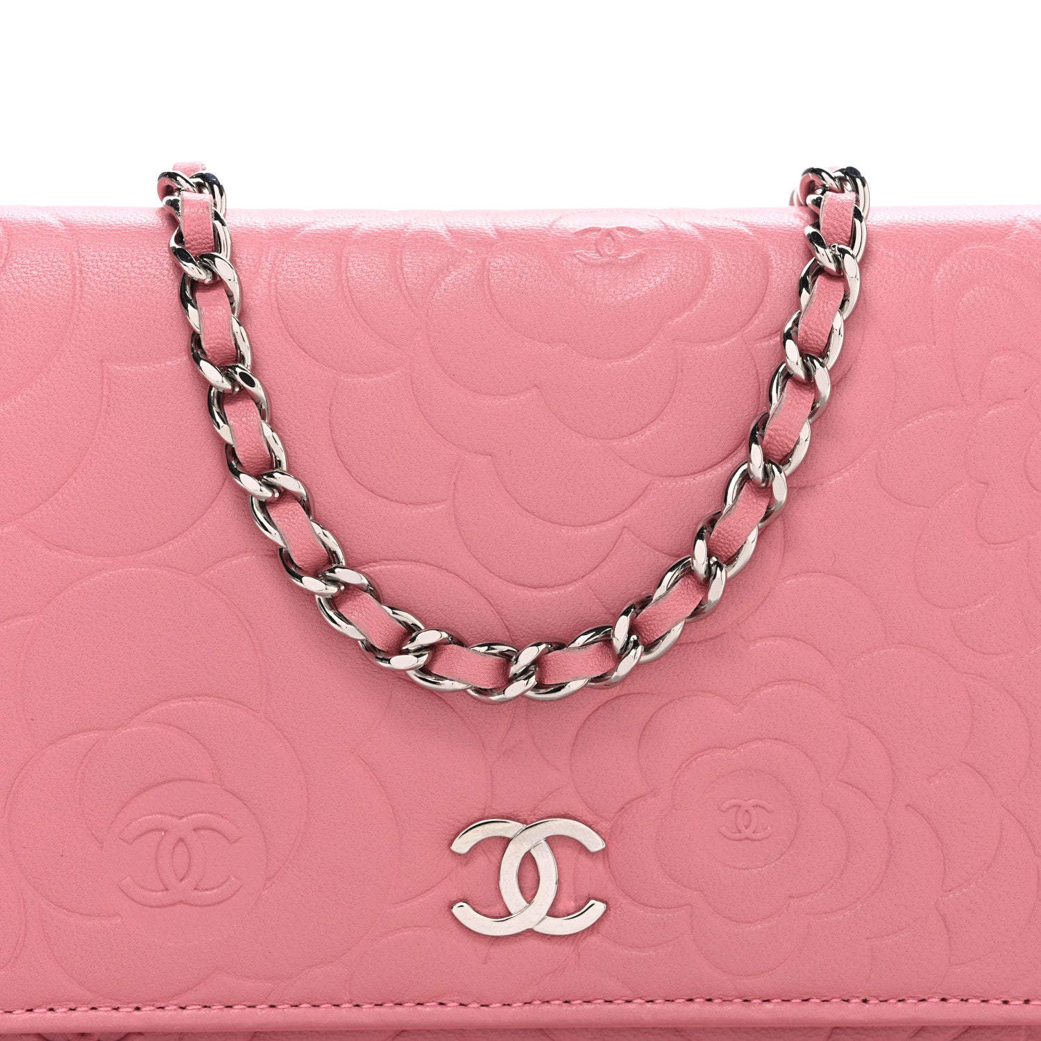 Chanel Lambskin Camellia Embossed Wallet on Chain WOC Pink 9 of 13