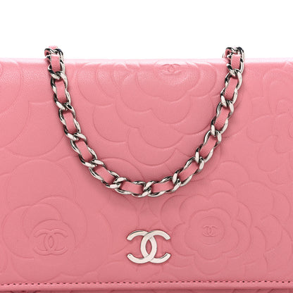 Chanel Lambskin Camellia Embossed Wallet on Chain WOC Pink 9 of 13