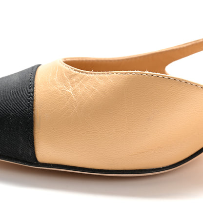 Chanel Goatskin Grosgrain Cap Toe CC Slingback Pumps 37 Beige Black 10 of 10