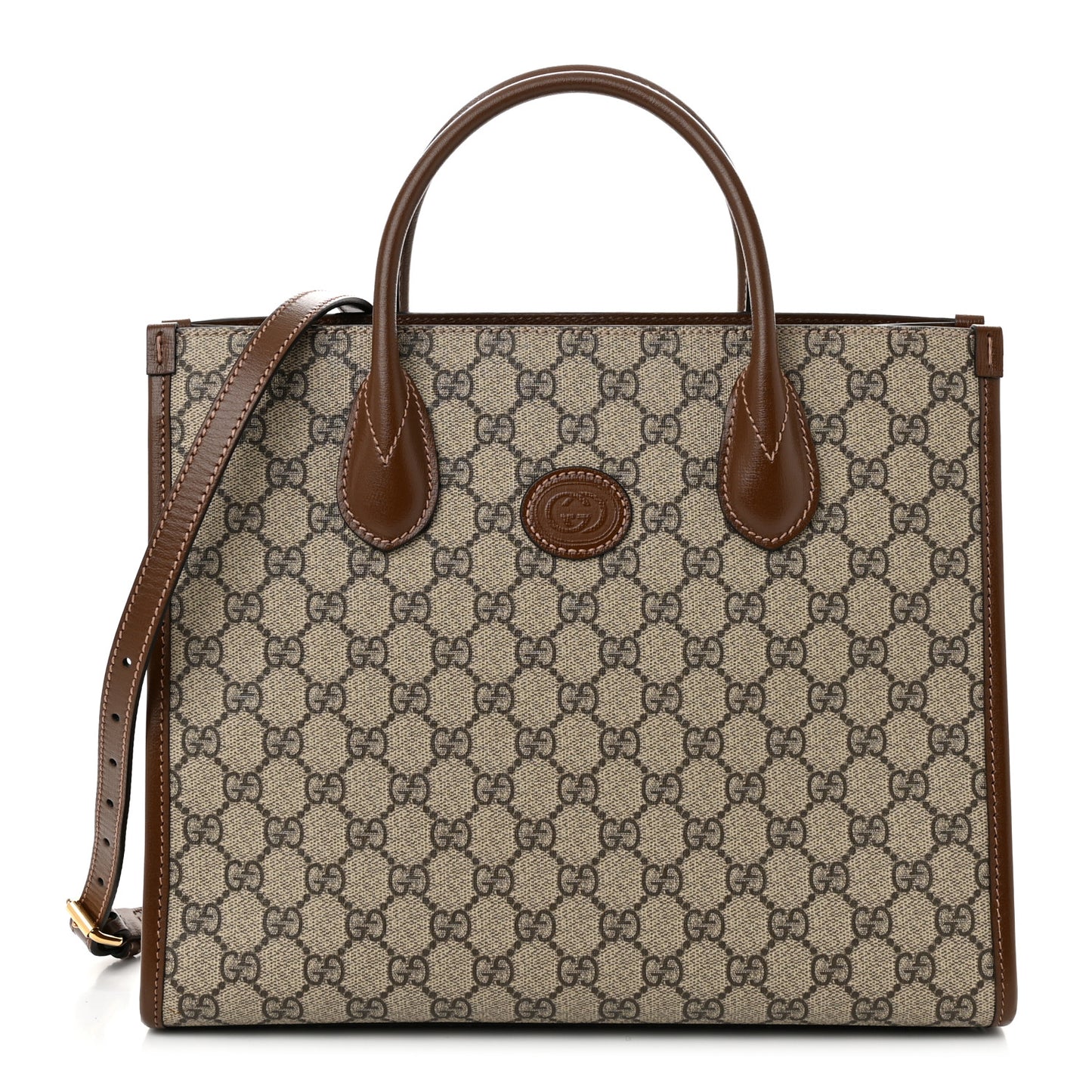 GG Supreme Monogram Azalea Calfskin Small Retro Interlocking G Tote Bag Beige Ebony Brown Sugar