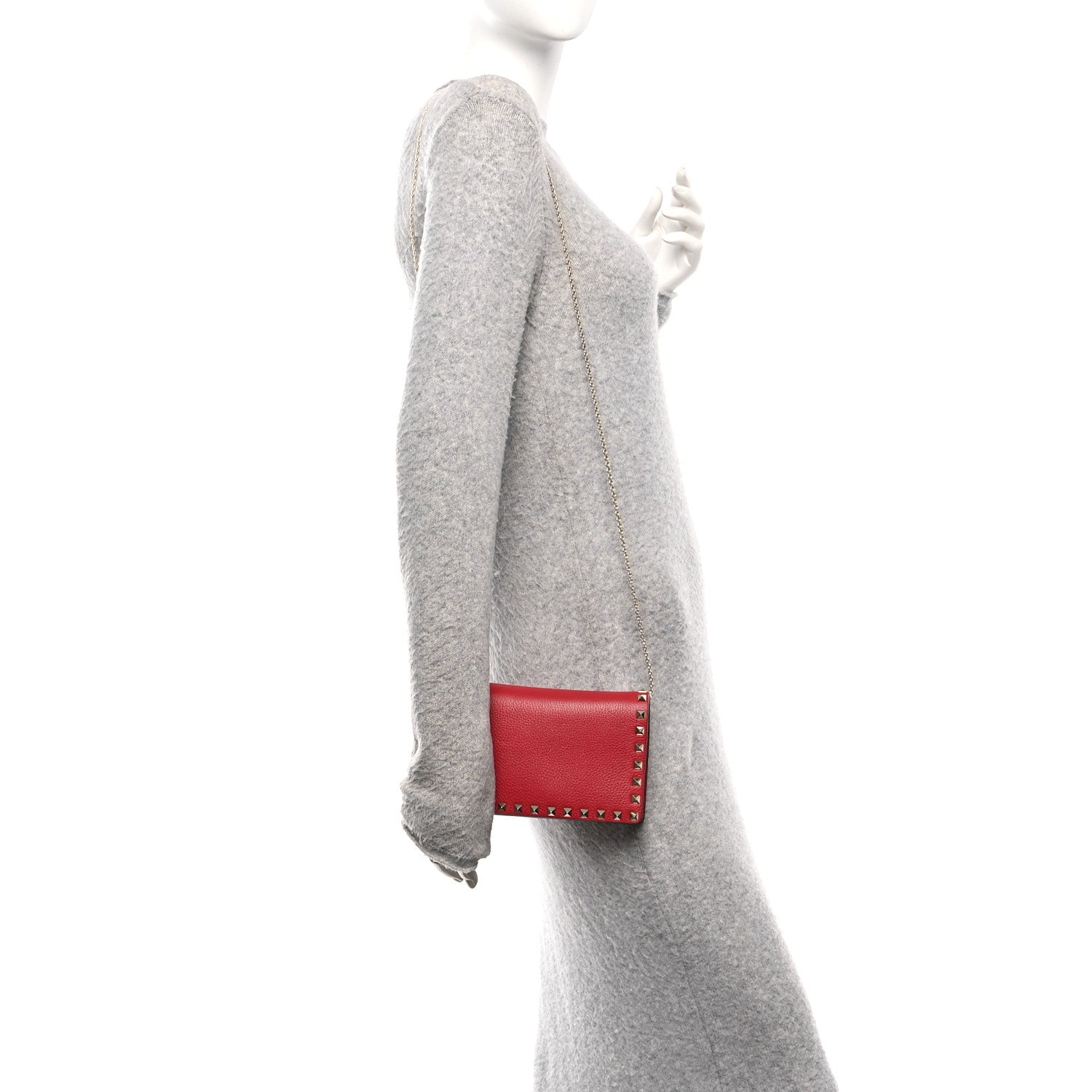 Valentino Garavani Pebbled Calfskin Rockstud Wallet on Chain Rouge Pur 2 of 10
