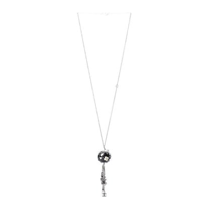 Chanel Camellia CC Globe Drop Pendant Necklace Black Silver 3 of 7