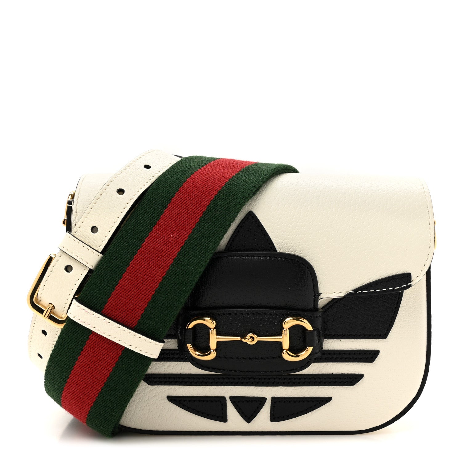 Gucci X ADIDAS Textured Dollar Calfskin Web Trefoil Mini Horsebit 1955 Shoulder Bag Off White Black 1 of 10