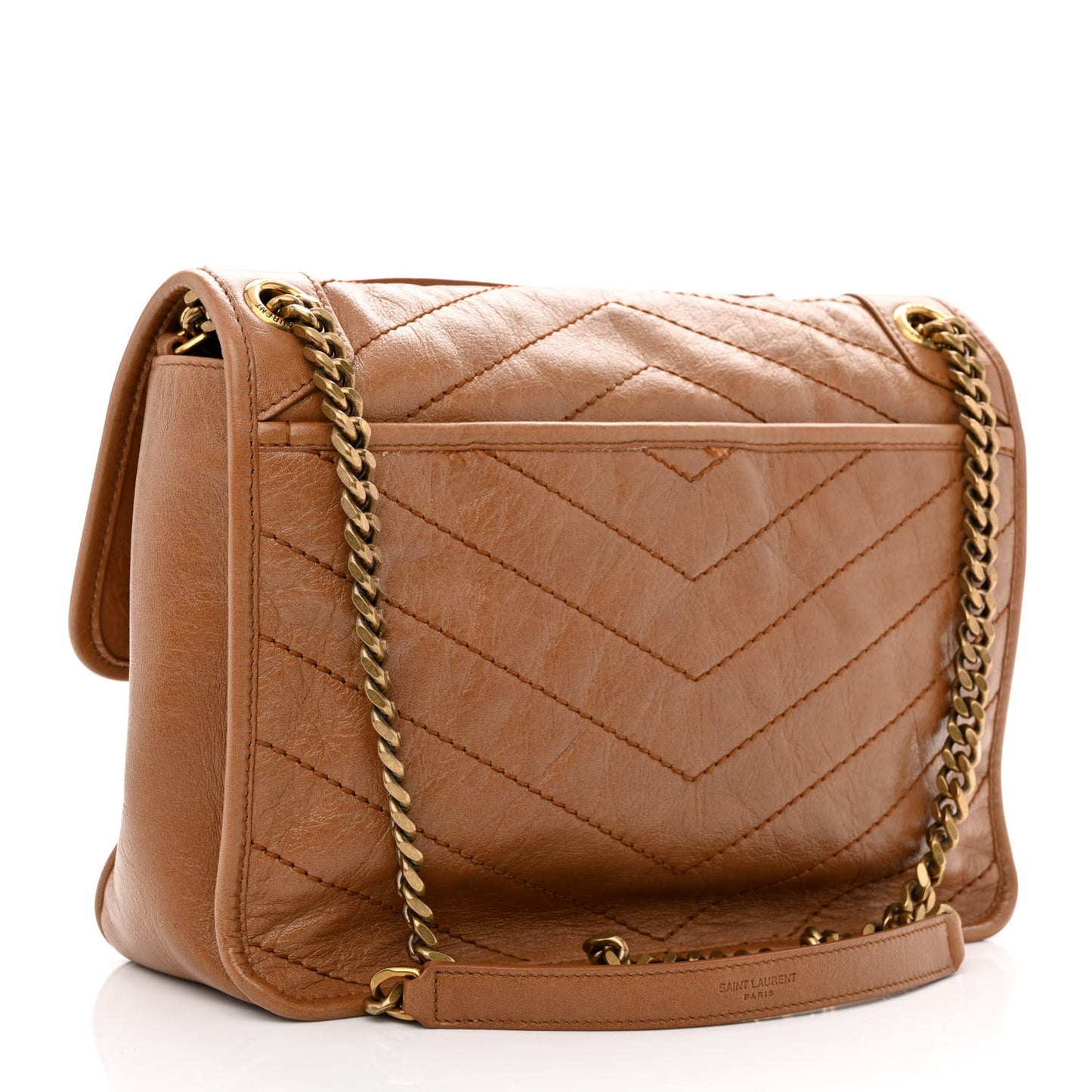 Crinkled Calfskin Matelasse Monogram Medium Niki Chain Satchel Caramel