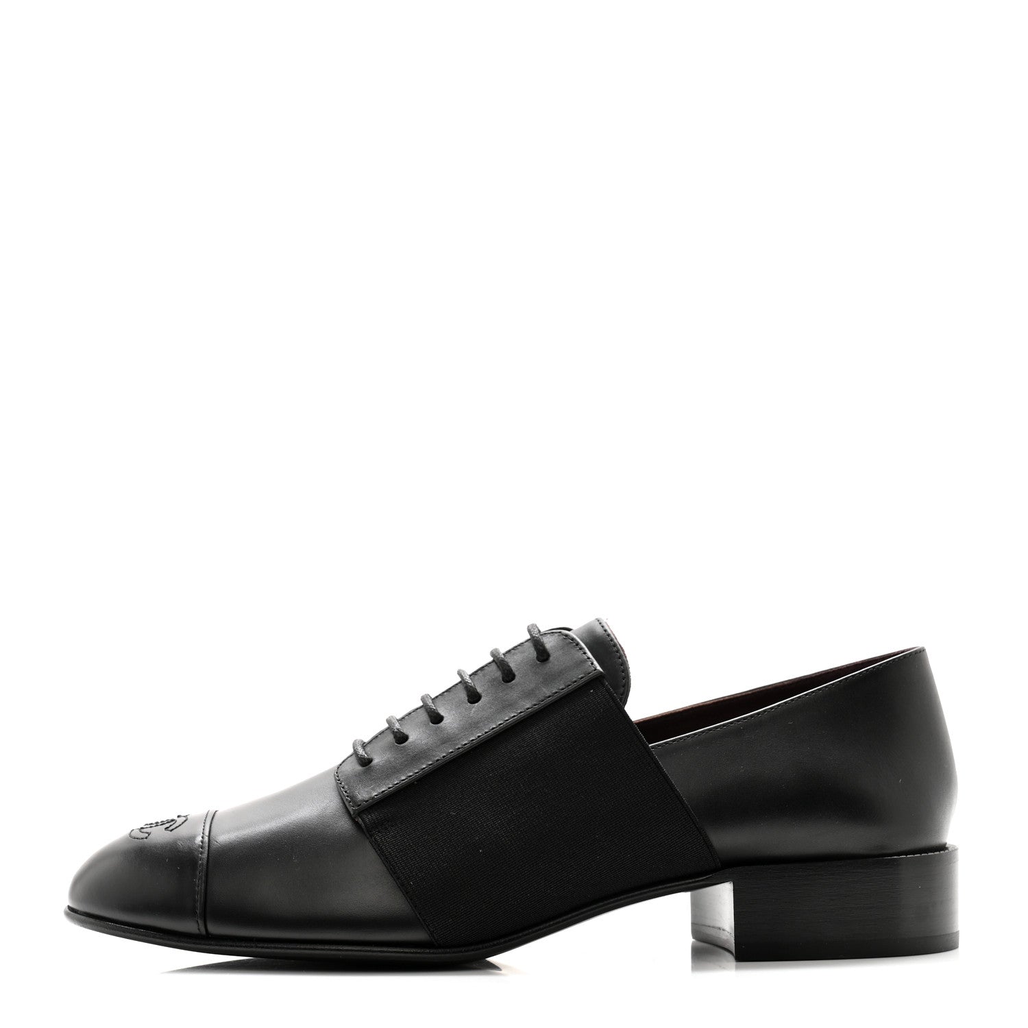 Chanel Calfskin Elastic Lace Up Cap Toe CC Loafers 39 Black 1 of 10