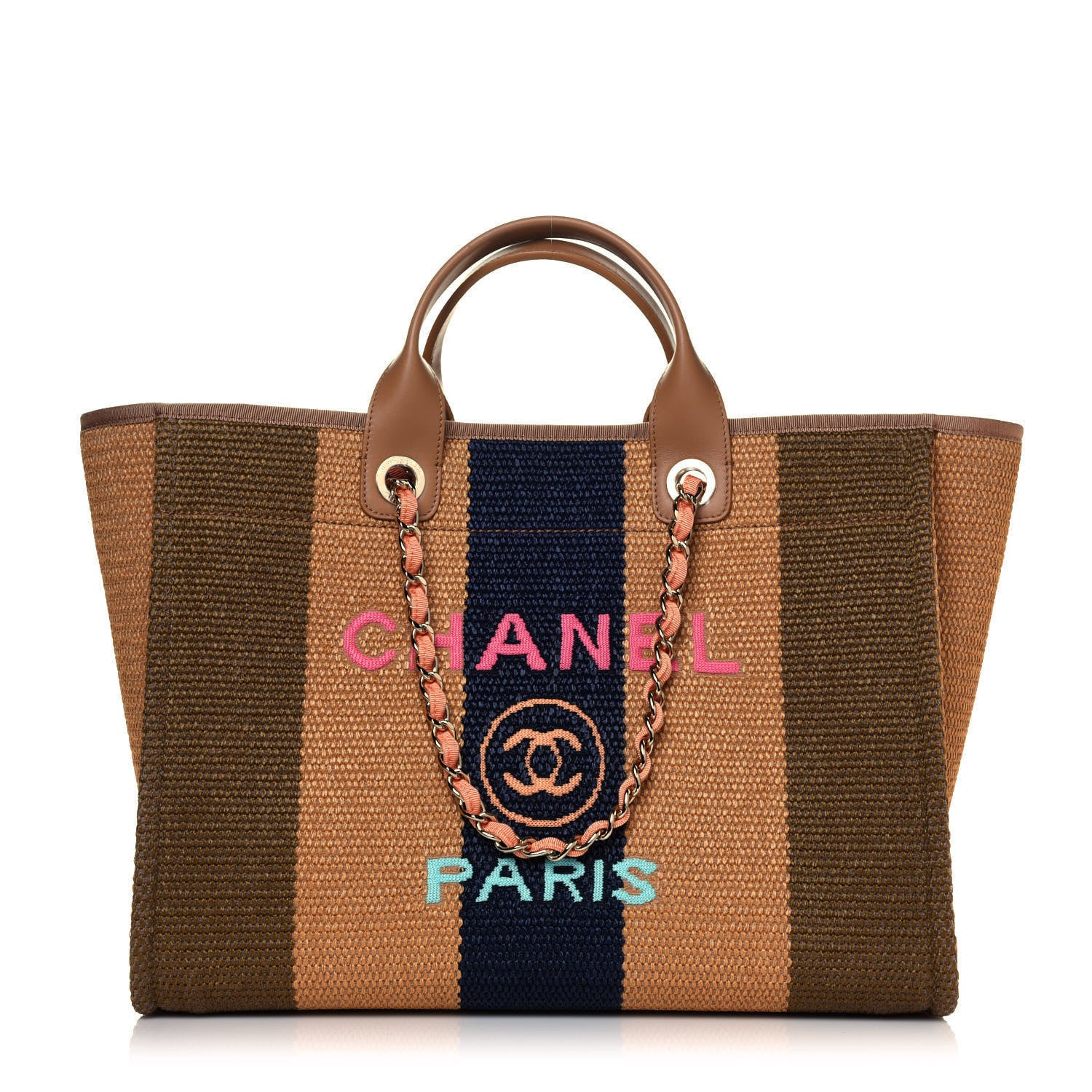 Chanel Straw Raffia Calfskin Striped Medium Deauville Tote Khaki Beige Navy Blue 1 of 4