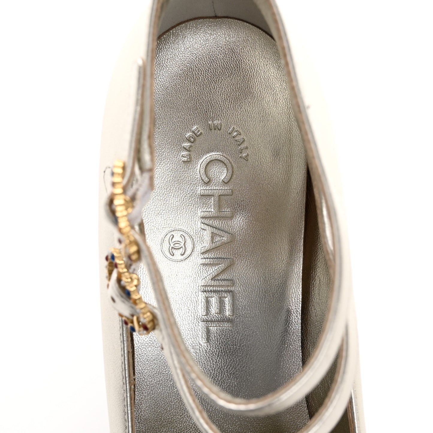 Laminated Lambskin Grosgrain Cap Toe CC Mary Jane Pumps 38 Silver Black