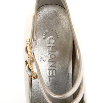Chanel Laminated Lambskin Grosgrain Cap Toe CC Mary Jane Pumps 38 Silver Black 7 of 14
