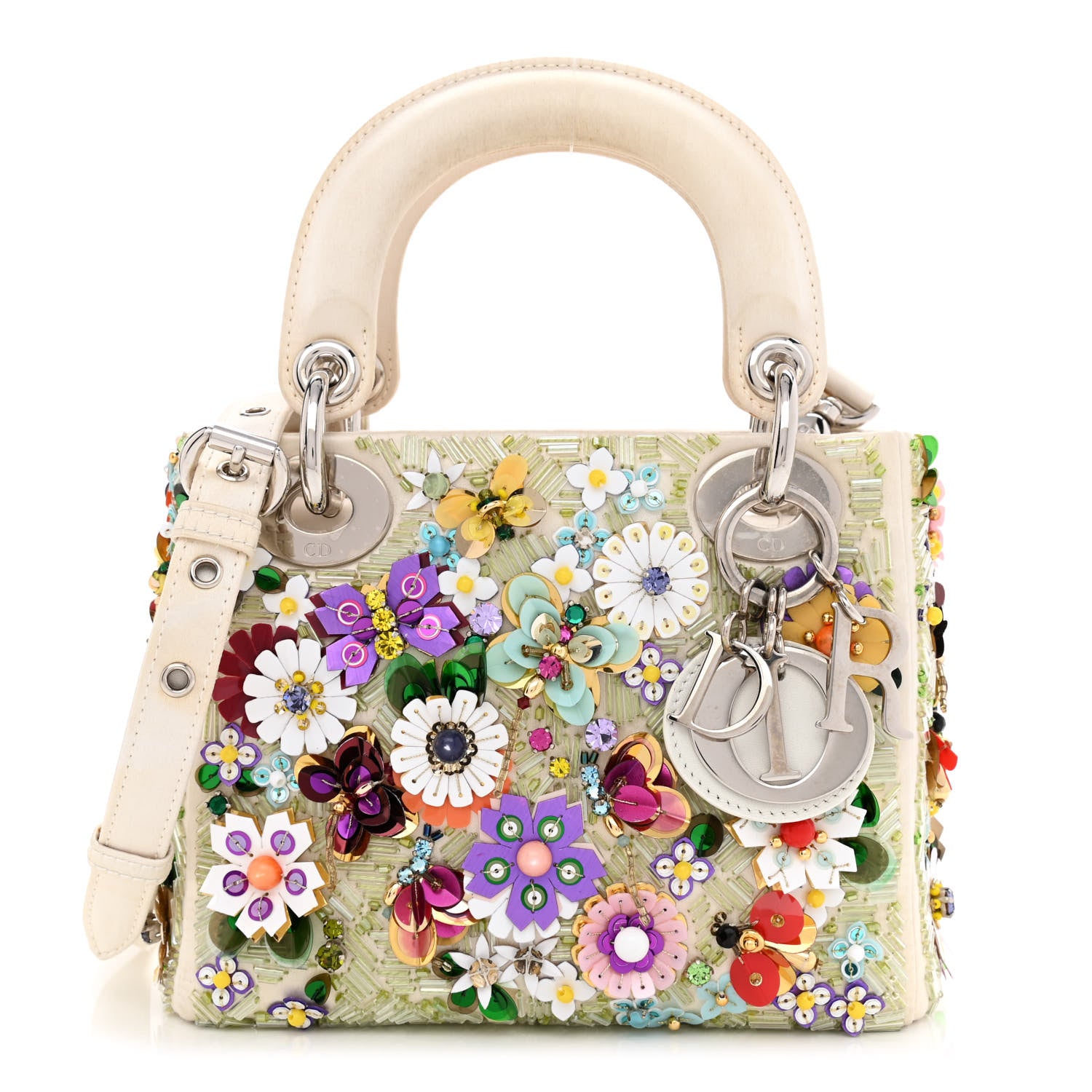 Christian Dior Satin Beaded Floral Embroidered Mini Lady Dior White Multicolor 1 of 13
