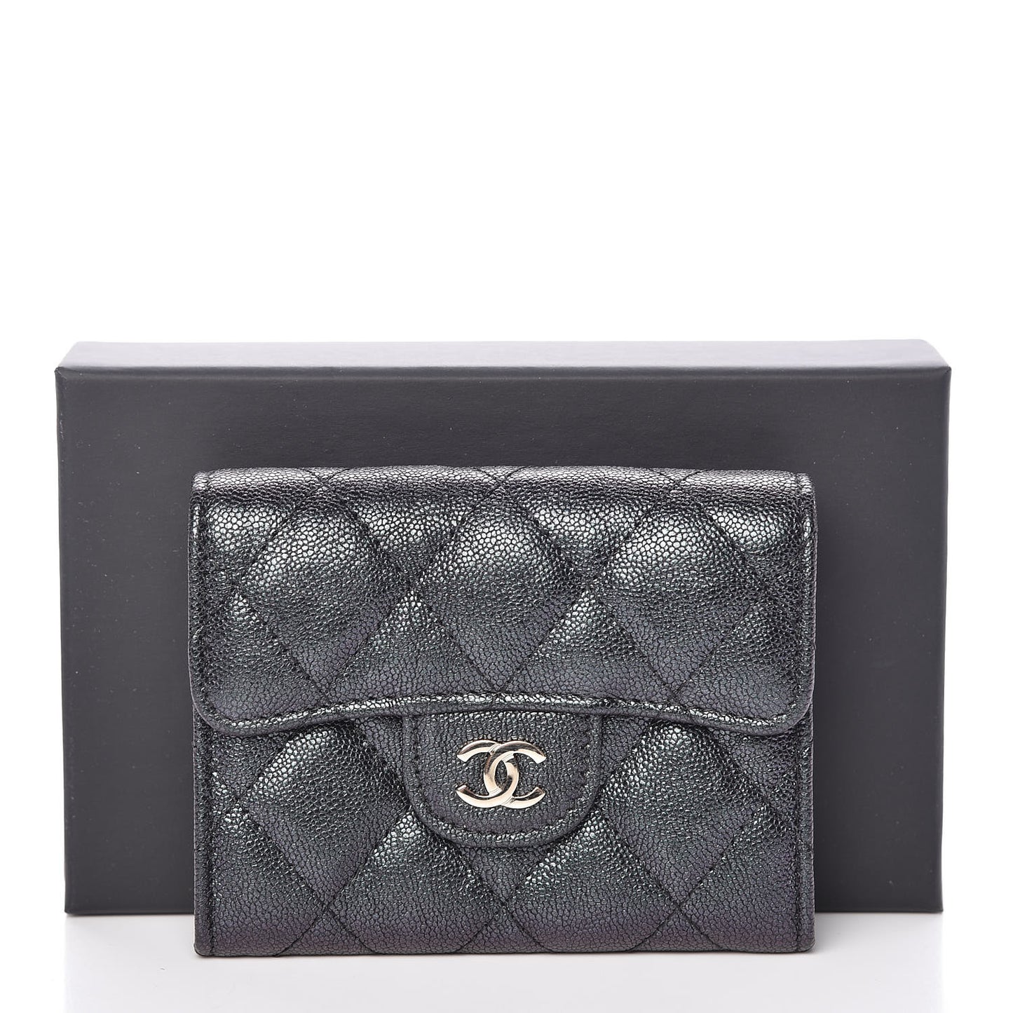 Iridescent Caviar Quilted Flap Card Holder Wallet Black