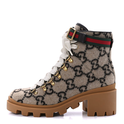 Gucci Covered Wool Big GG Monogram Womens Lace Up Combat Ankle Boots 38.5 Beige Ebony Cocoa 1 of 10