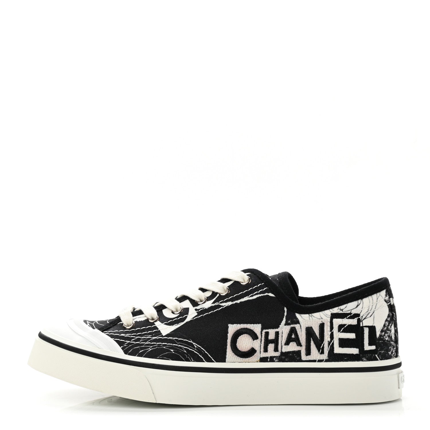 Chanel Printed Fabric Low Top Logo Sneakers 40.5 White Black 1 of 10