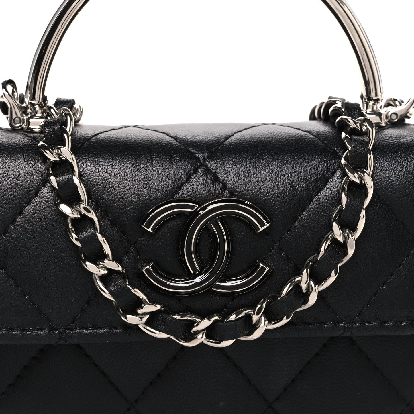 Lambskin Quilted Mini Metal Top Handle Flap Clutch With Chain  Black