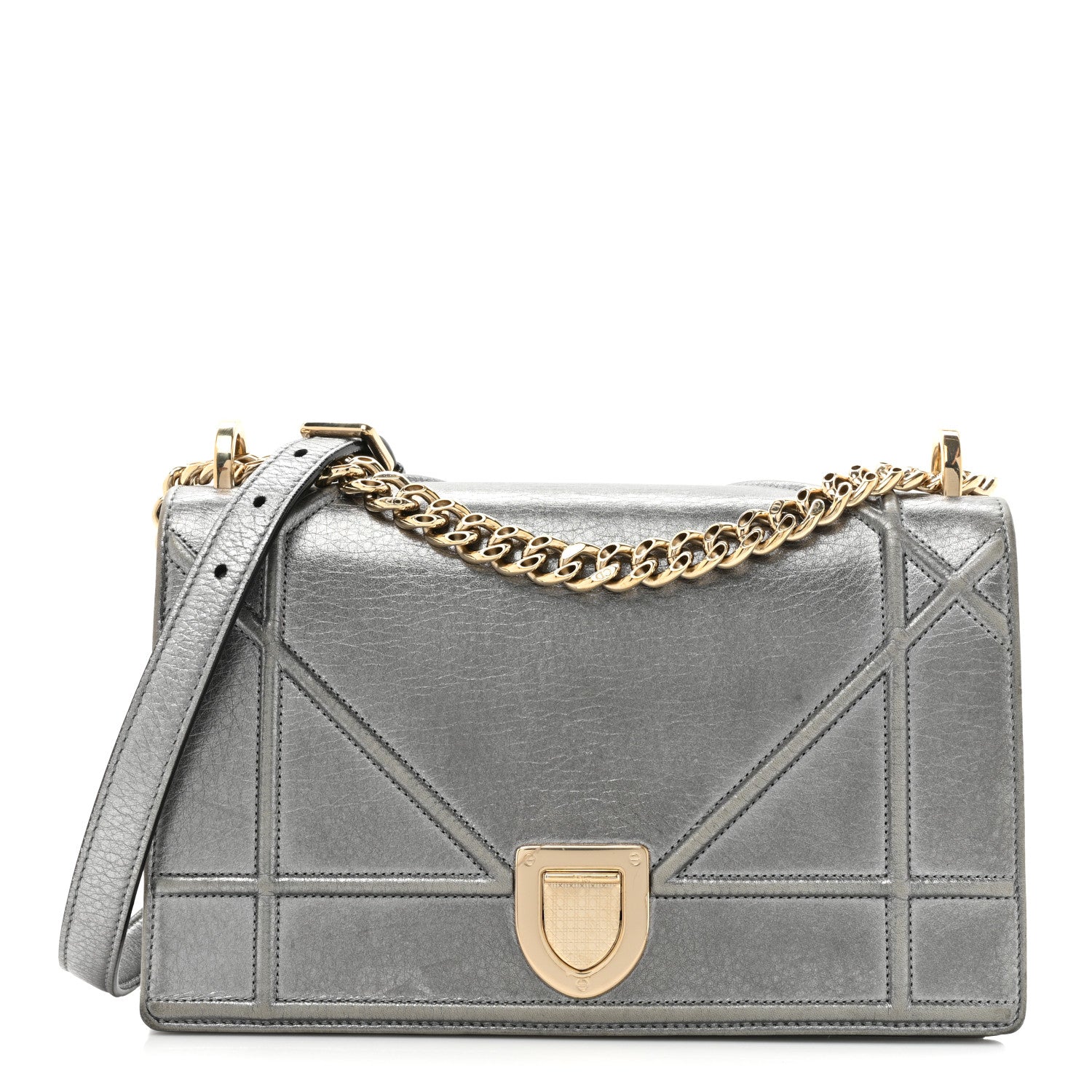 Christian Dior Metallic Grained Calfskin Medium Diorama Flap Bag Steel 1 of 15