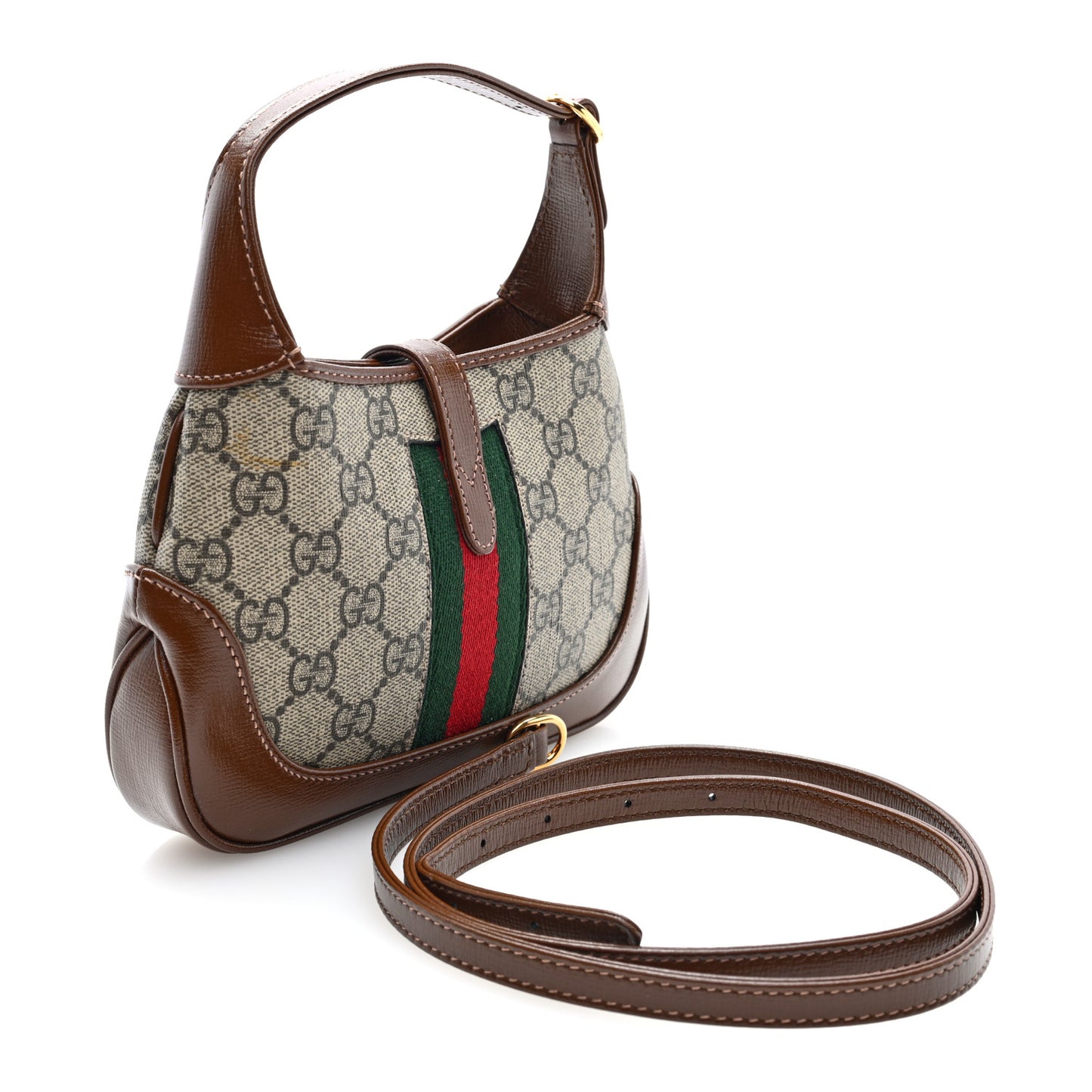 GG Supreme Monogram Azalea Calfskin Web Mini Jackie 1961 Hobo Beige Ebony Brown Sugar