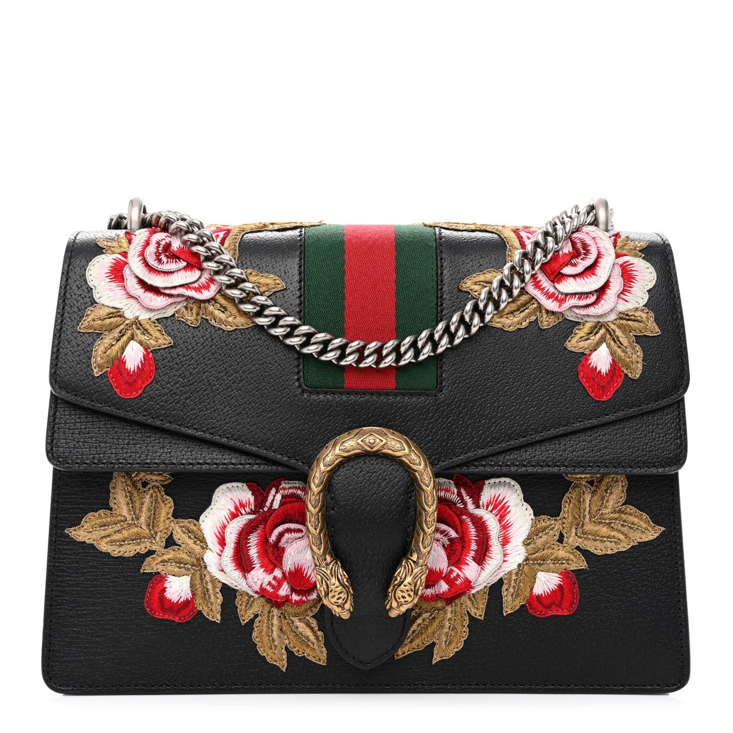 Calfskin Web Floral Embroidered Medium Dionysus Shoulder Bag Black