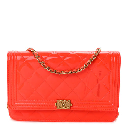 Chanel Patent Calfskin Quilted Boy Wallet On Chain WOC Orange 1 of 9