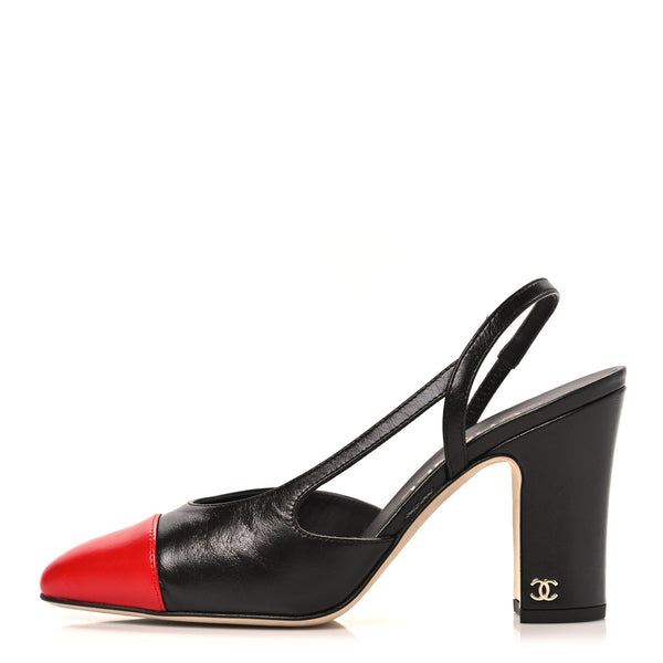 Chanel Crumpled Shiny Lambskin Cap Toe CC Slingback Pumps 37 Dark