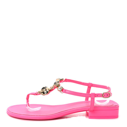 Chanel Shiny Lambskin Pearl Crystal CC Heart Thong Sandals 39 Neon Pink 1 of 8