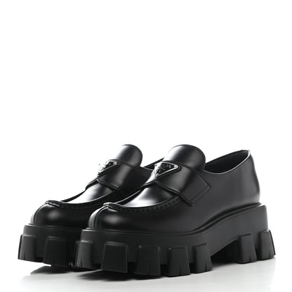 Prada Spazzolato Rois Metal Triangle Logo Monolith 55mm Loafers 37 Black 3 of 8